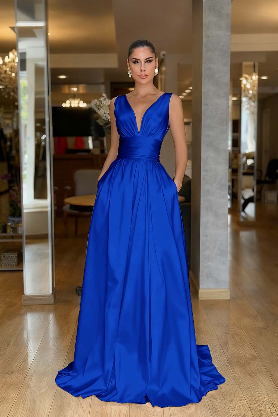 A Line Prom Dress Sleeveless V Neck Satin Evening Dress