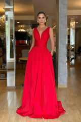 A Line Prom Dress Sleeveless V Neck Satin Evening Dress