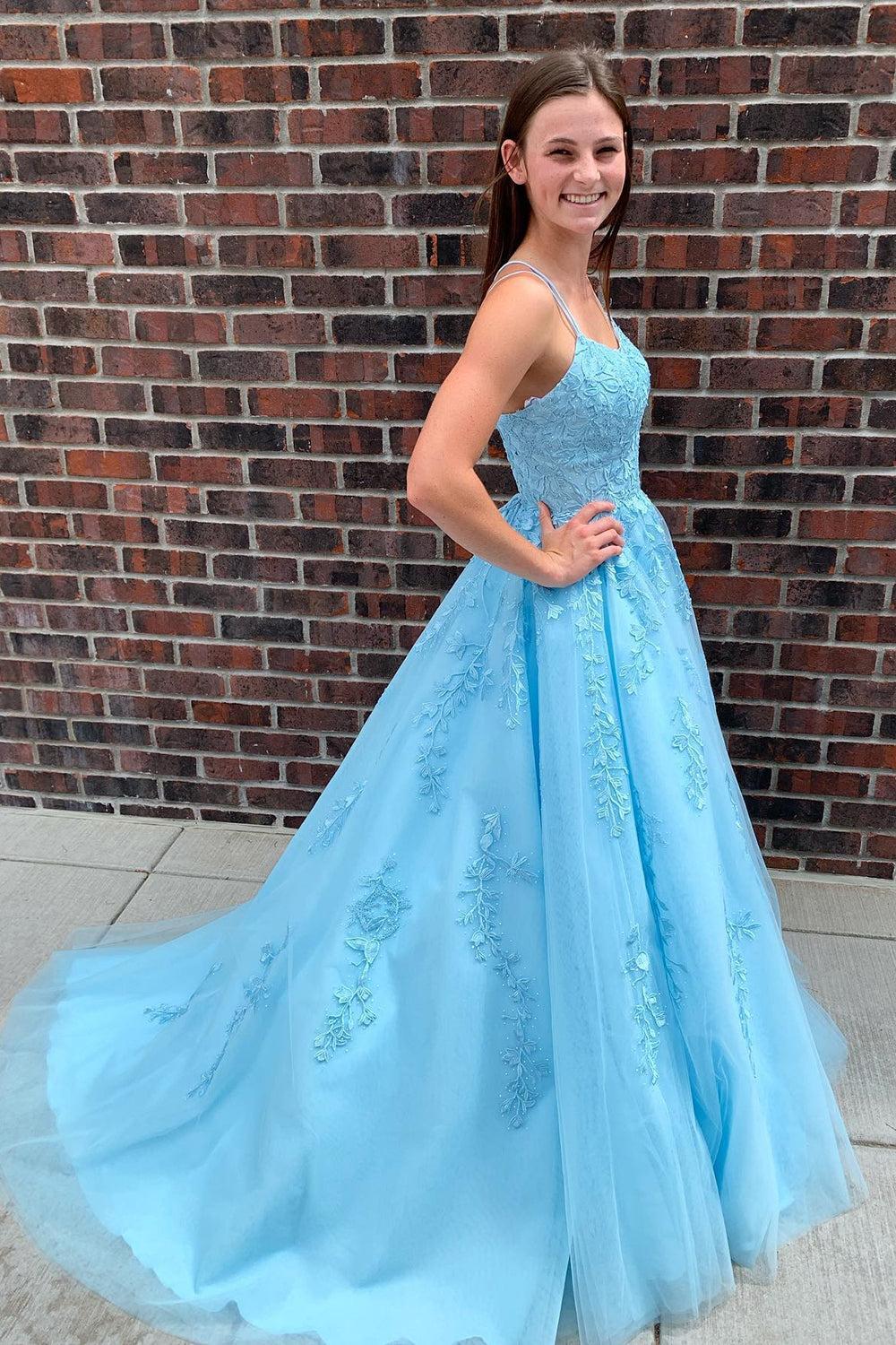A-Line Prom Dress Spaghetti Straps Long Tulle Evening Dress