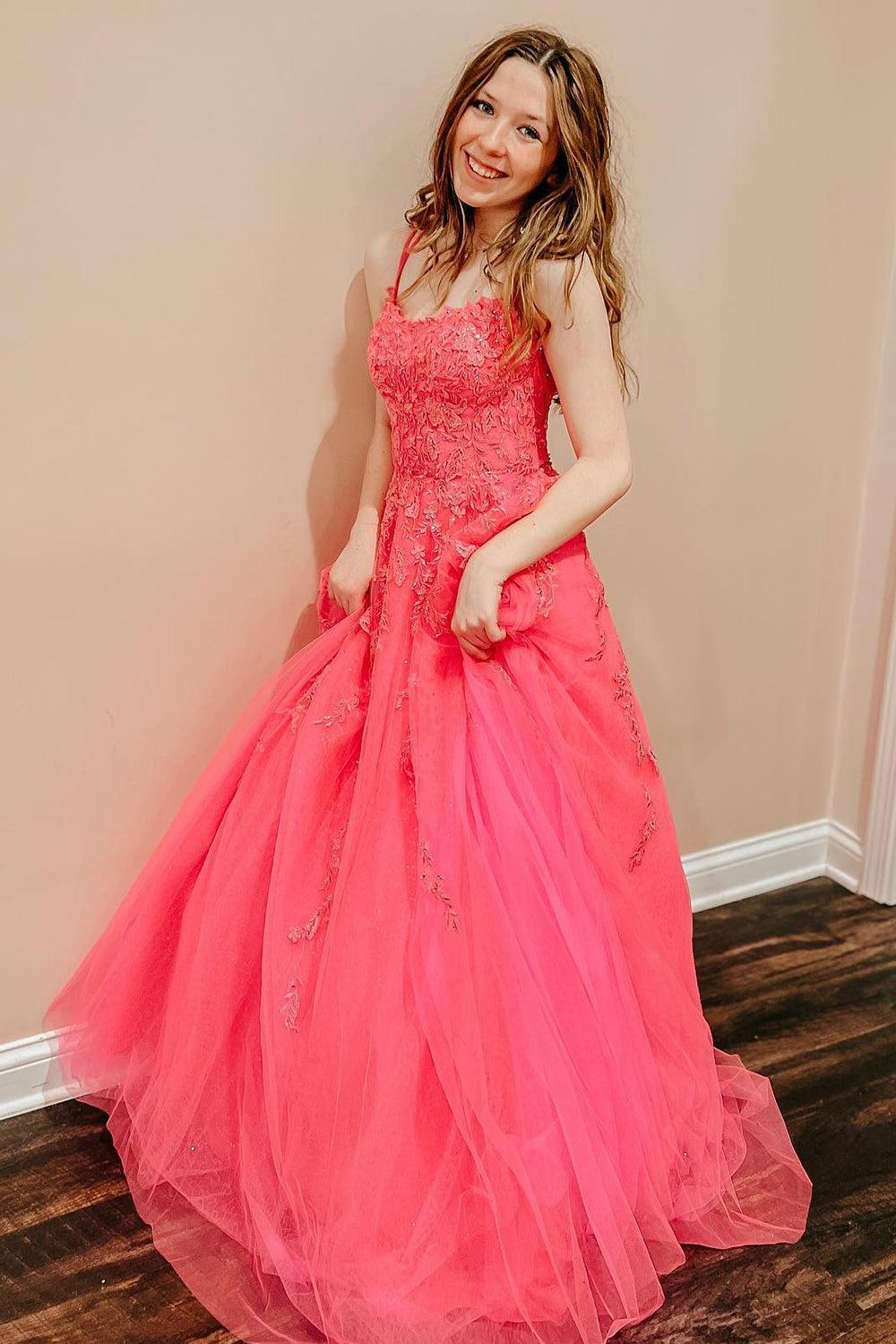 A-Line Prom Dress Spaghetti Straps Long Tulle Evening Dress