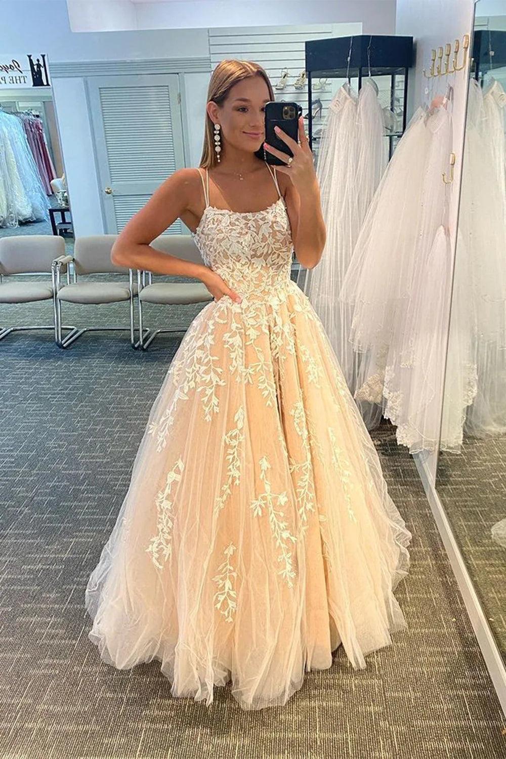 A-Line Prom Dress Spaghetti Straps Long Tulle Evening Dress