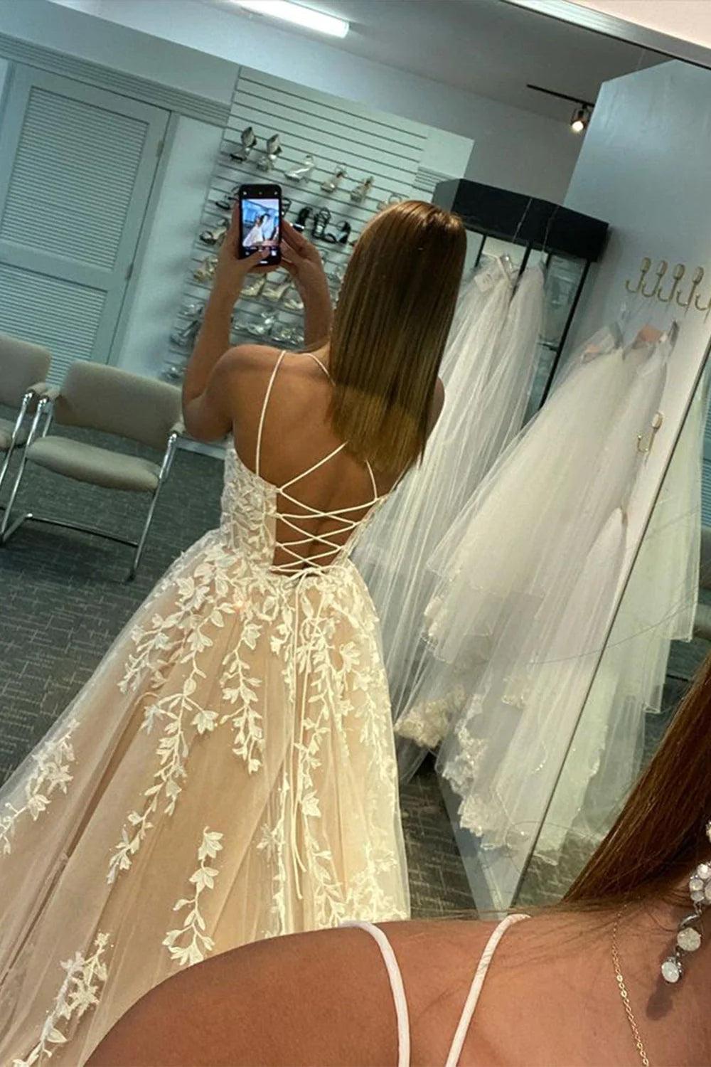 A-Line Prom Dress Spaghetti Straps Long Tulle Evening Dress