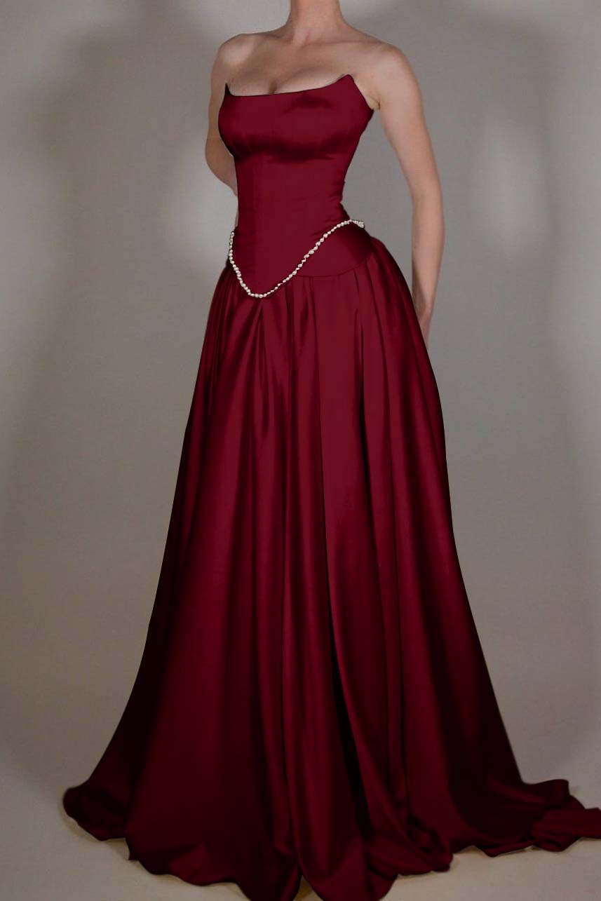 A Line Prom Dress Strapless Satin Sleeveless Evening Dress