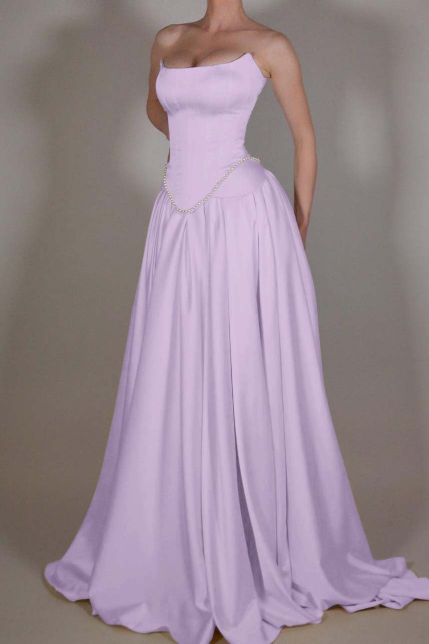 A Line Prom Dress Strapless Satin Sleeveless Evening Dress