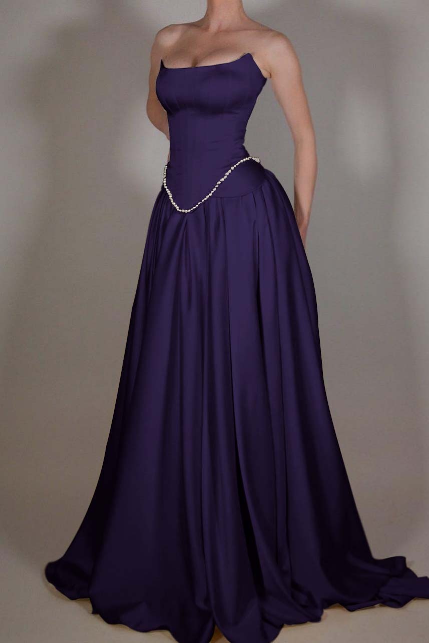 A Line Prom Dress Strapless Satin Sleeveless Evening Dress