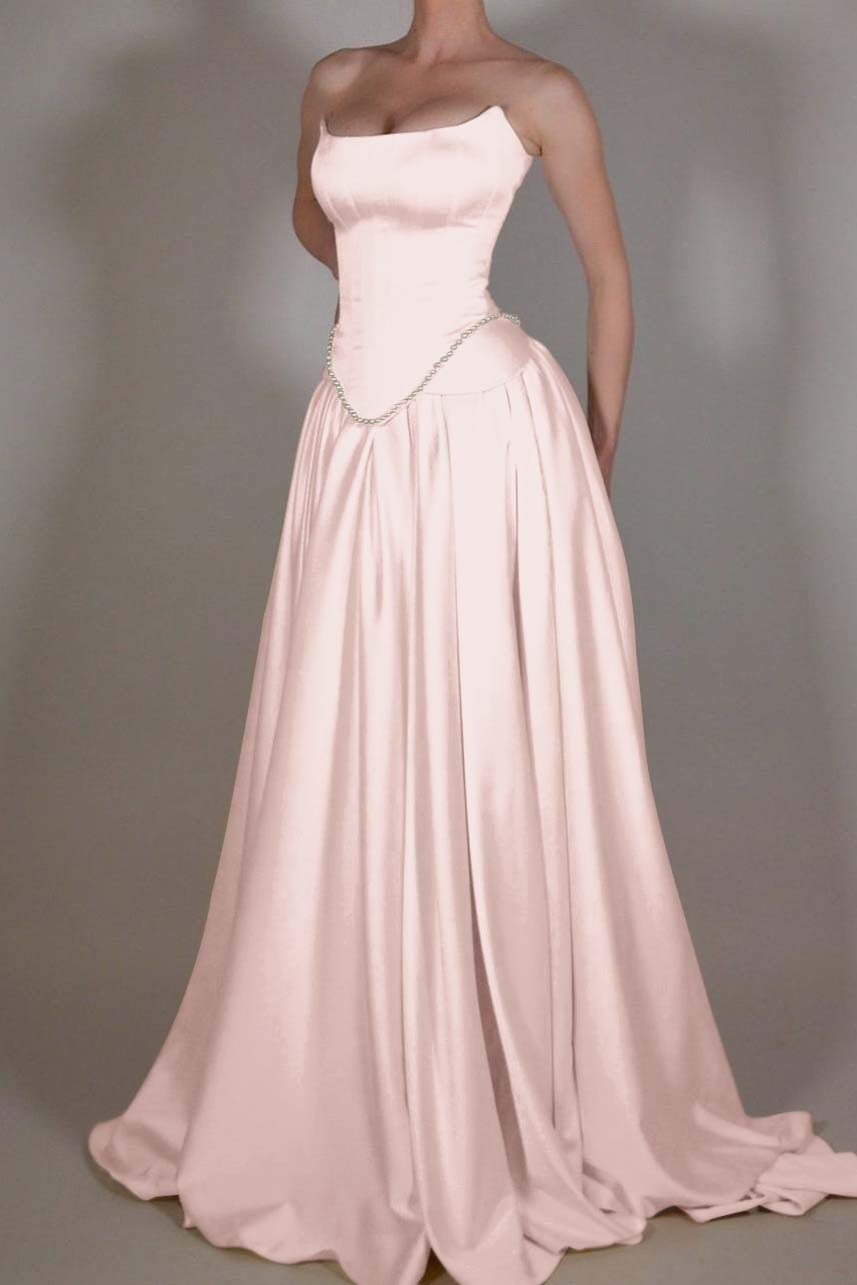 A Line Prom Dress Strapless Satin Sleeveless Evening Dress