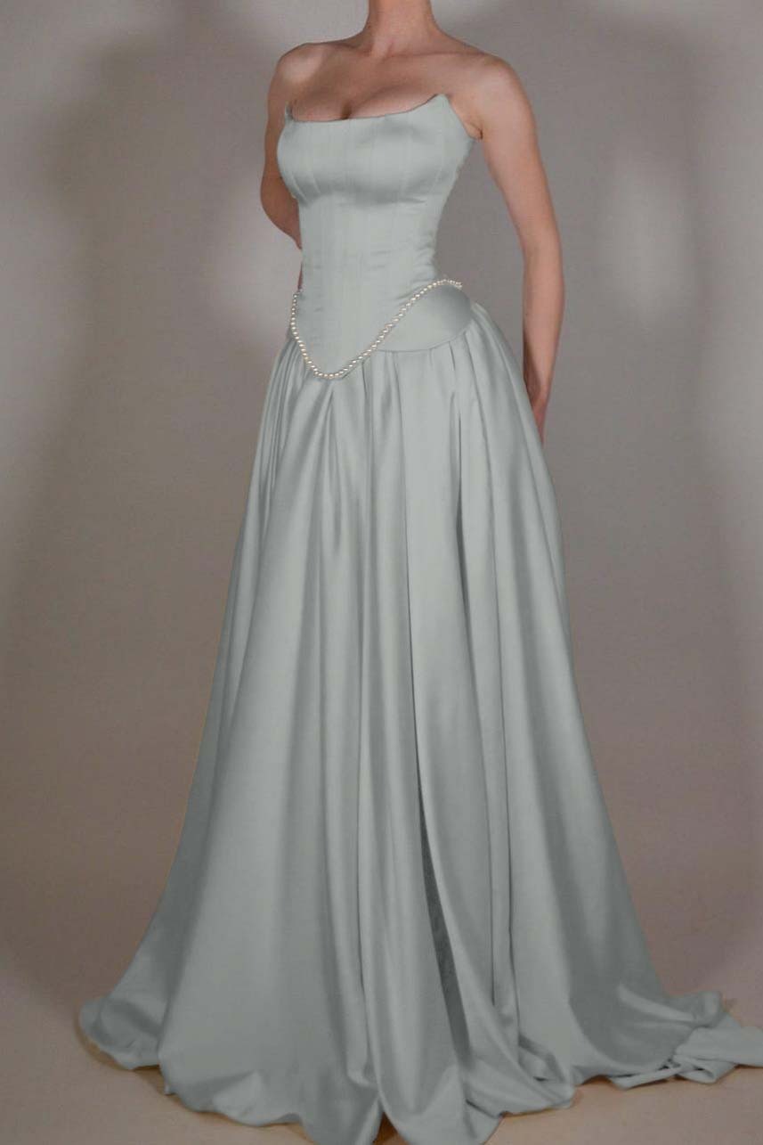 A Line Prom Dress Strapless Satin Sleeveless Evening Dress