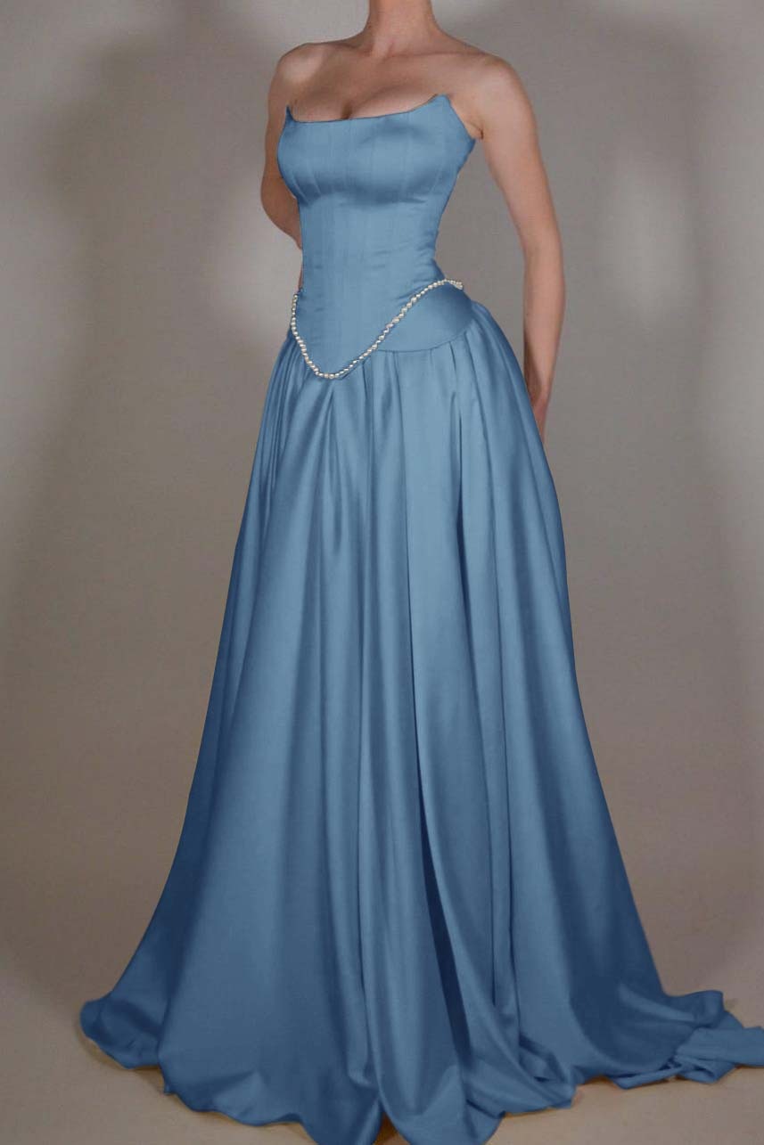 A Line Prom Dress Strapless Satin Sleeveless Evening Dress