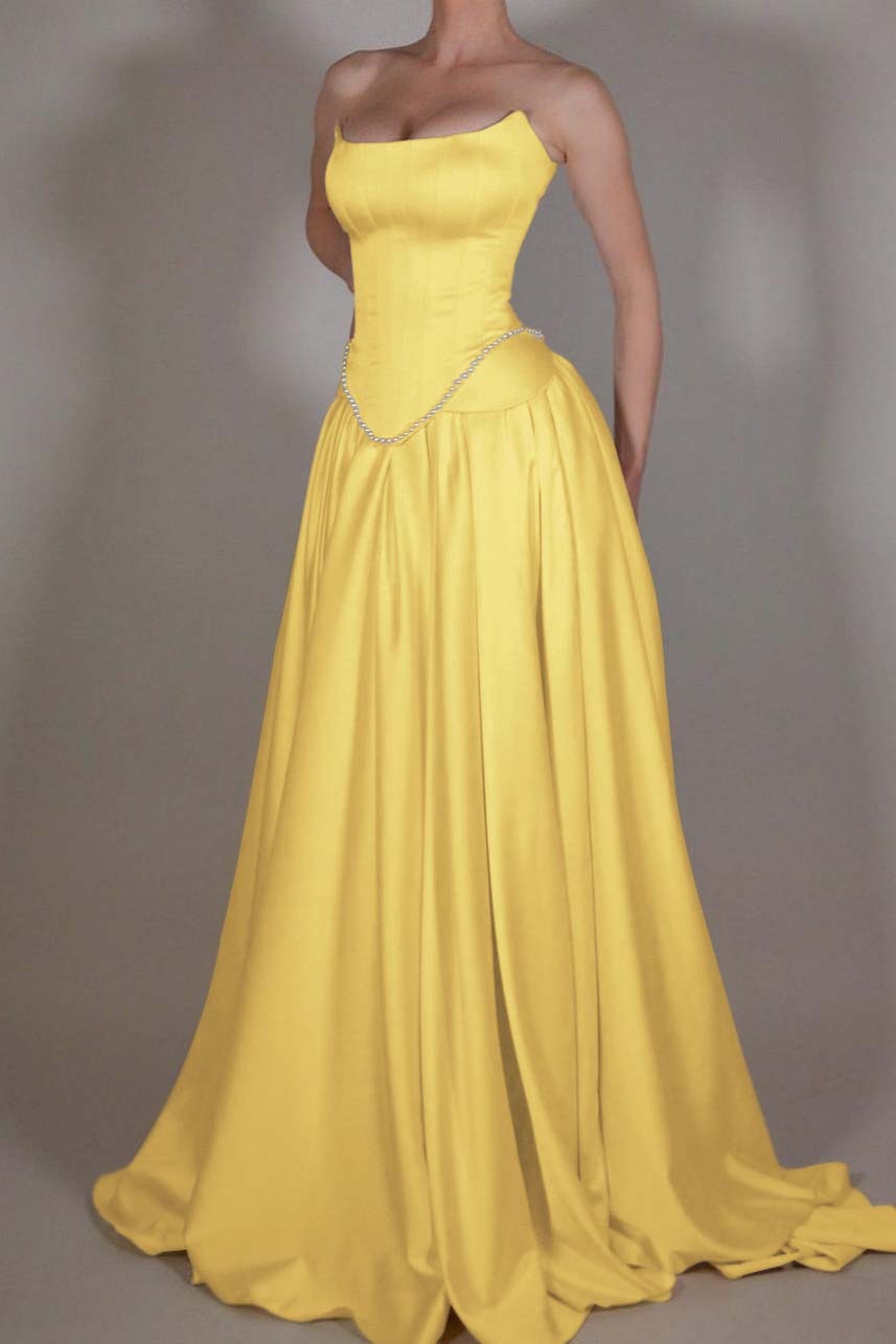 A Line Prom Dress Strapless Satin Sleeveless Evening Dress