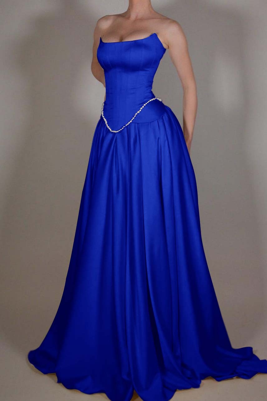 A Line Prom Dress Strapless Satin Sleeveless Evening Dress