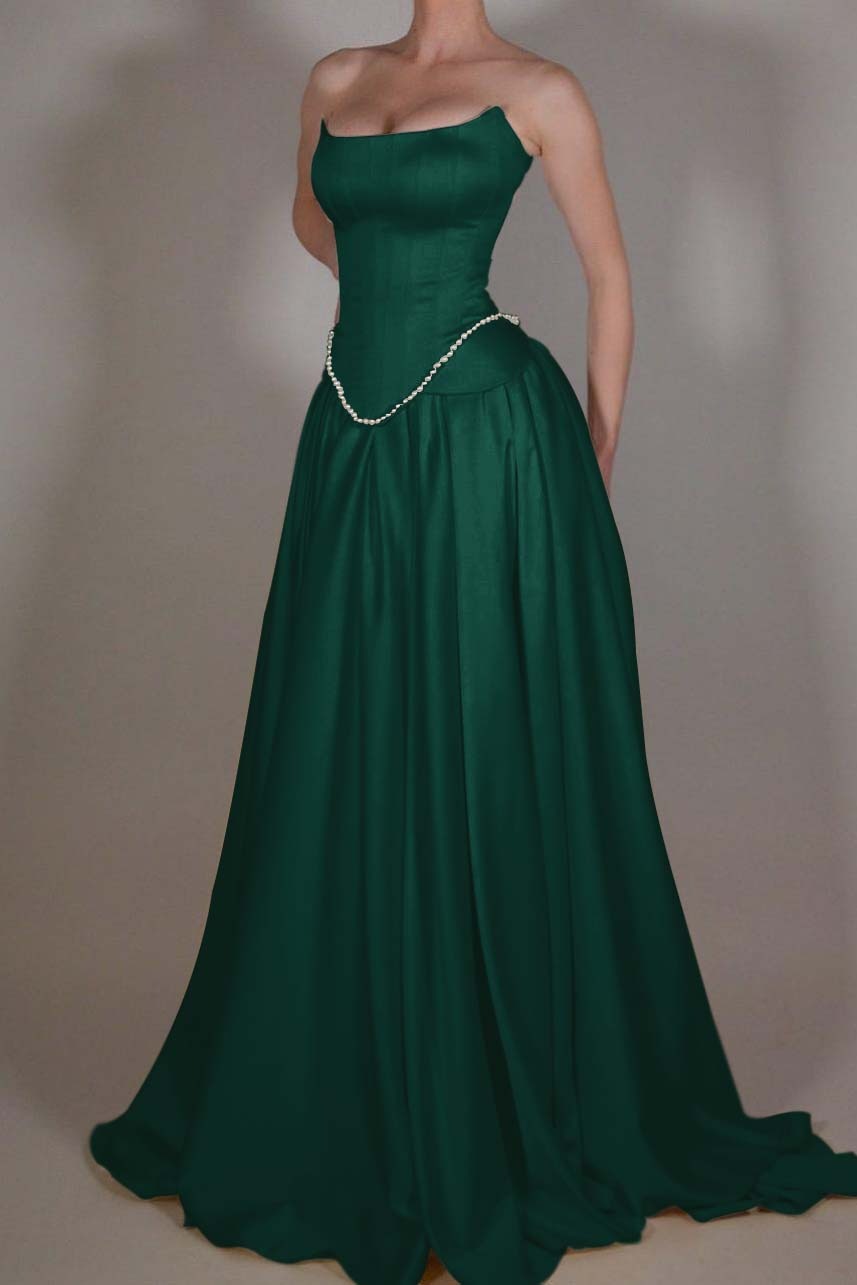 A Line Prom Dress Strapless Satin Sleeveless Evening Dress