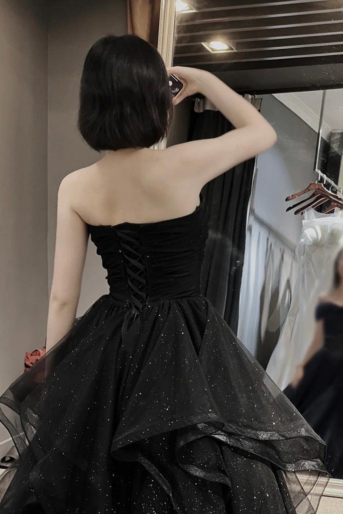 A Line Prom Dress Sweetheart Neck Tulle Black Long Formal Dress Evening Dress