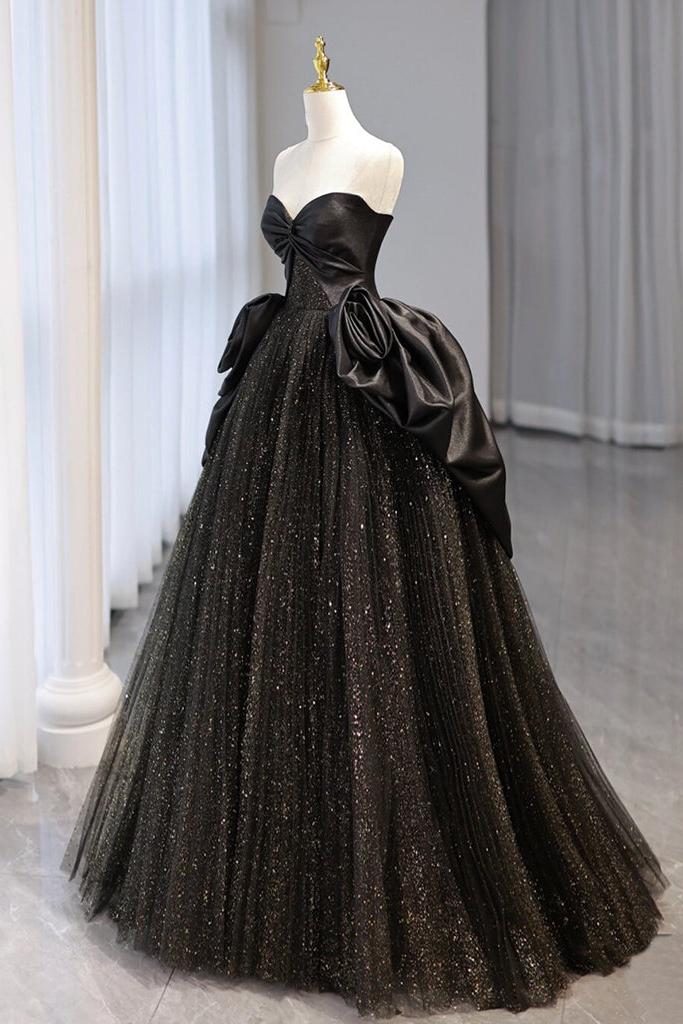 A Line Prom Dress Sweetheart Neck Tulle Satin Black Long Evening Dress
