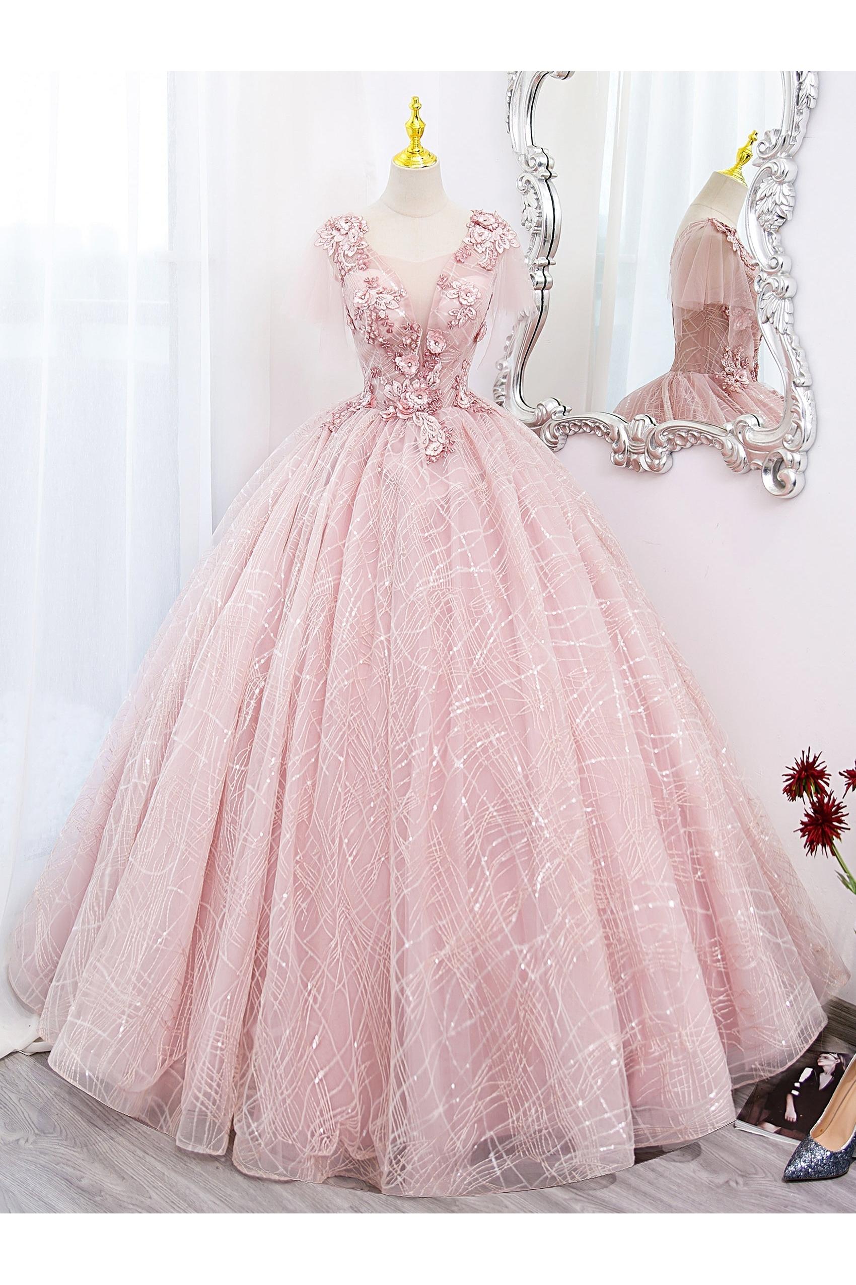 A Line Prom Dress Tulle Lace Appliques Pink Long Sweet 16 Dress Evening Dress