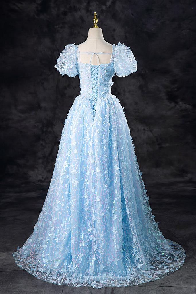 A Line Prom Dress Tulle Sequin Lace Blue Long Formal Evening Dress