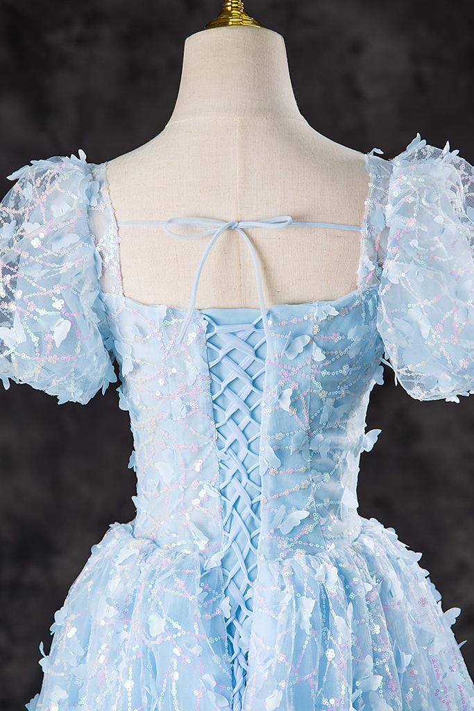 A Line Prom Dress Tulle Sequin Lace Blue Long Formal Evening Dress