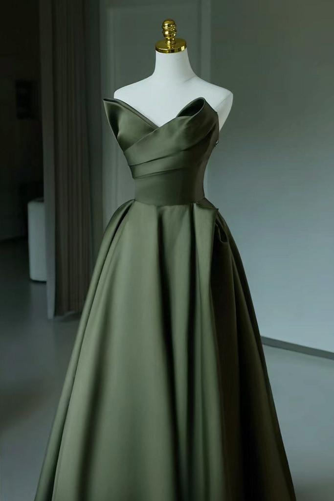A Line Prom Dress V Neck Satin Green Long Formal Evening Dress