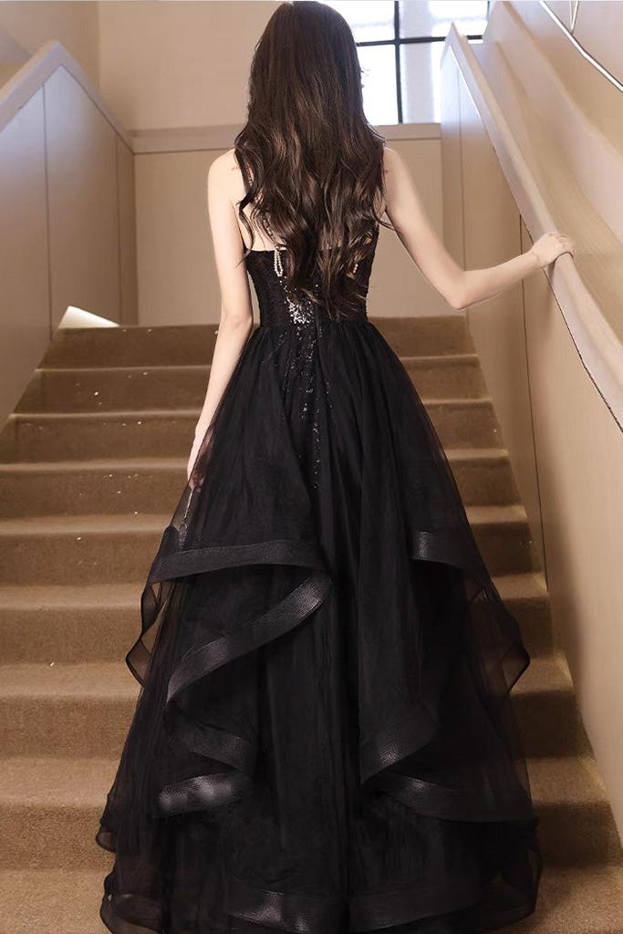 A Line Prom Dress V Neck Sequin Tulle Black Long Evening Dress