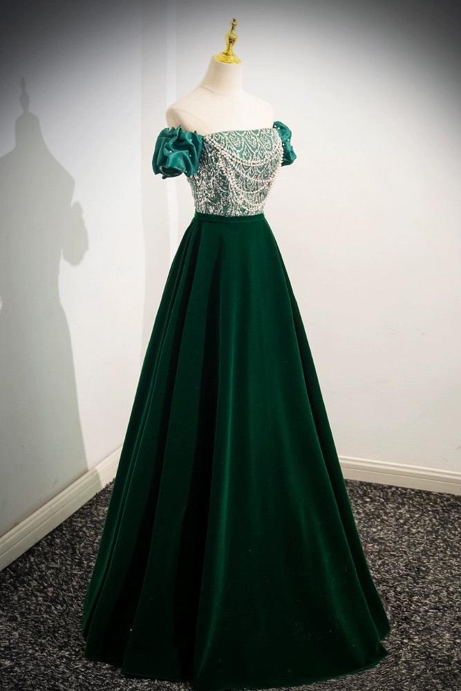 A Line Prom Dress Velvet Sequin Beaded Green Long Formal Evening Dress