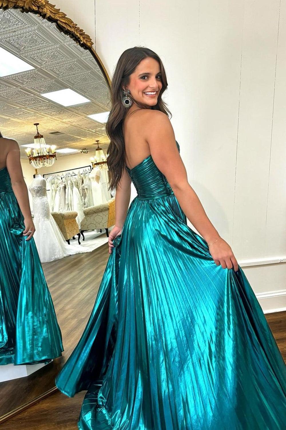 A Line Purple Prom Dress Sweetheart Metallic Pleated Long Evening Dress with Slit