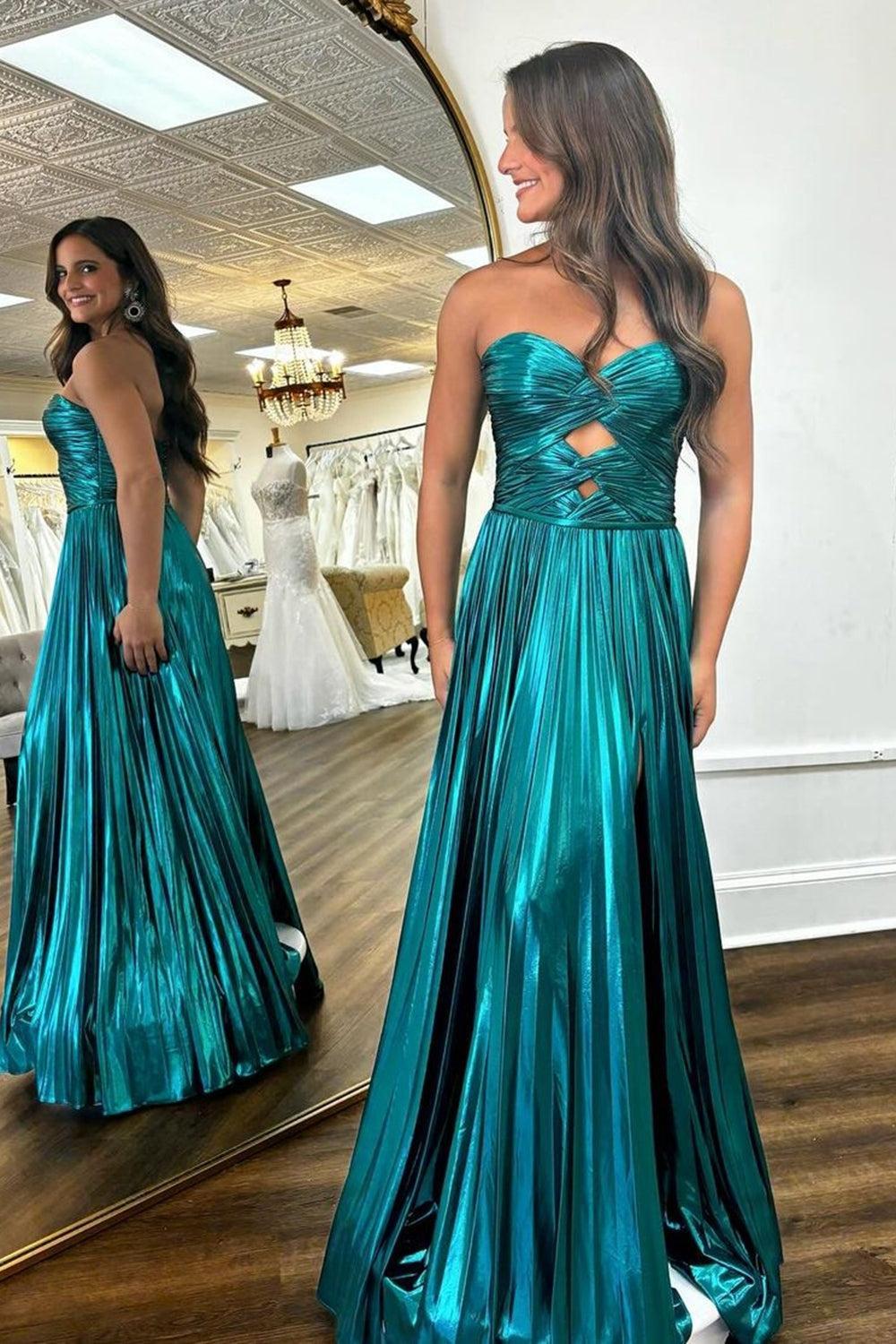 A Line Purple Prom Dress Sweetheart Metallic Pleated Long Evening Dress with Slit