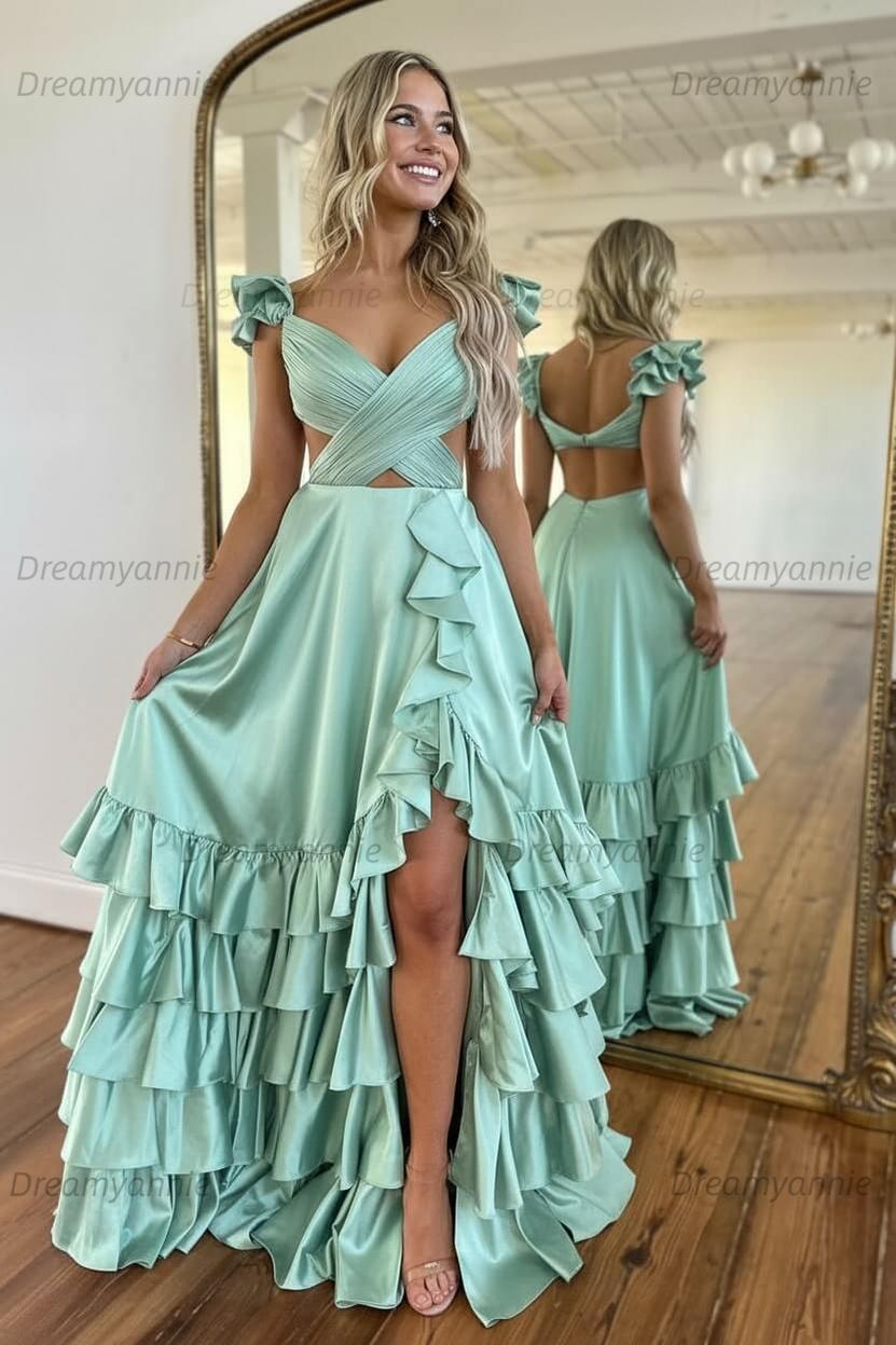 A Line Red Prom Dress Hollow Out Tiered Satin Long Evening Dress with Ruffles