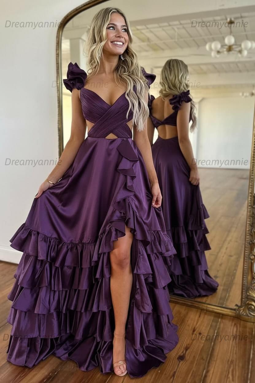 A Line Red Prom Dress Hollow Out Tiered Satin Long Evening Dress with Ruffles