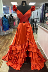 A Line Red Prom Dress Hollow Out Tiered Satin Long Evening Dress with Ruffles
