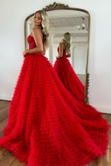 A Line Red Prom Dress Spaghetti Straps Long Tulle Evening Dress with Slit