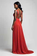 A Line Ruched Red Wedding Guest Dress Backless Long Formal Dress