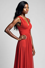 A Line Ruched Red Wedding Guest Dress Backless Long Formal Dress