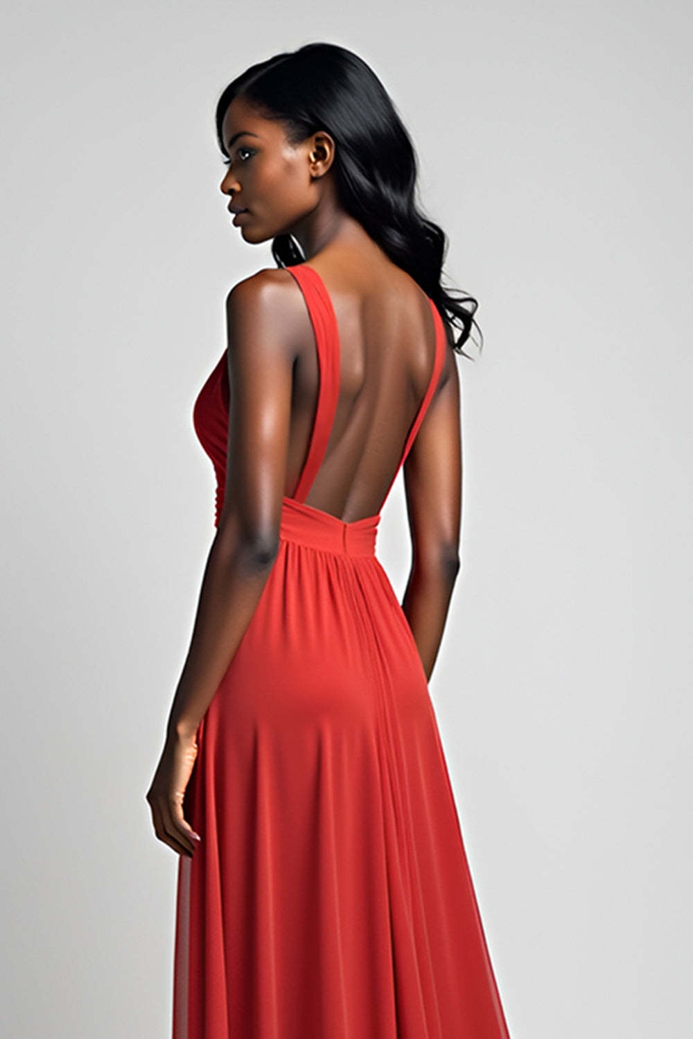 A Line Ruched Red Wedding Guest Dress Backless Long Formal Dress