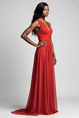 A Line Ruched Red Wedding Guest Dress Backless Long Formal Dress