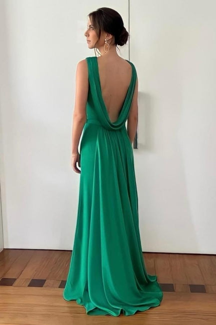 A Line Satin Sleeveless Green Prom Dress Formal Dress