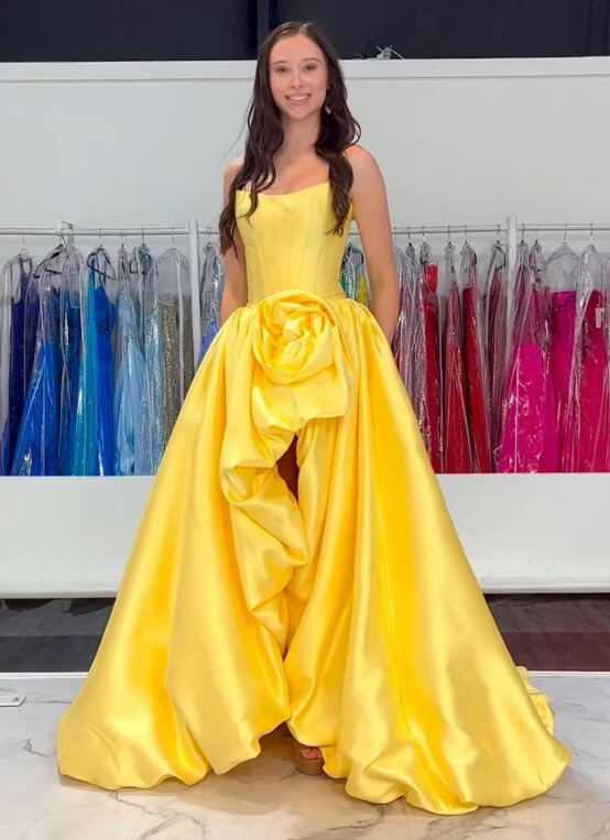 Pink A Line Satin Strapless Long Corset Prom Dress With 3D Flower