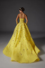 A Line Satin V Neck Sleeveless Yellow Formal Dress With Beading