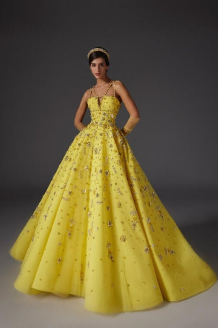 A Line Satin V Neck Sleeveless Yellow Formal Dress With Beading