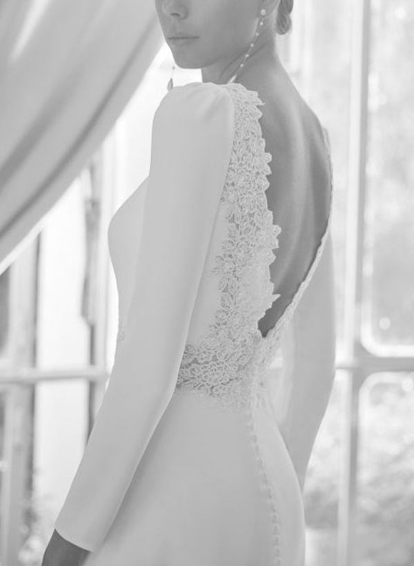 A-Line Scoop Neck Long Sleeves Court Train Elastic Satin Beach Wedding Dresses With Lace: