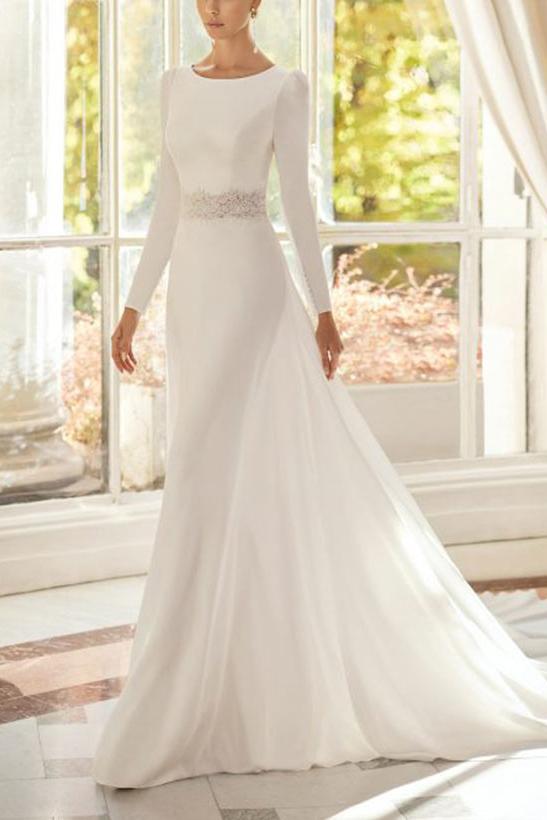 A-Line Scoop Neck Long Sleeves Court Train Elastic Satin Wedding Dresses With Lace:
