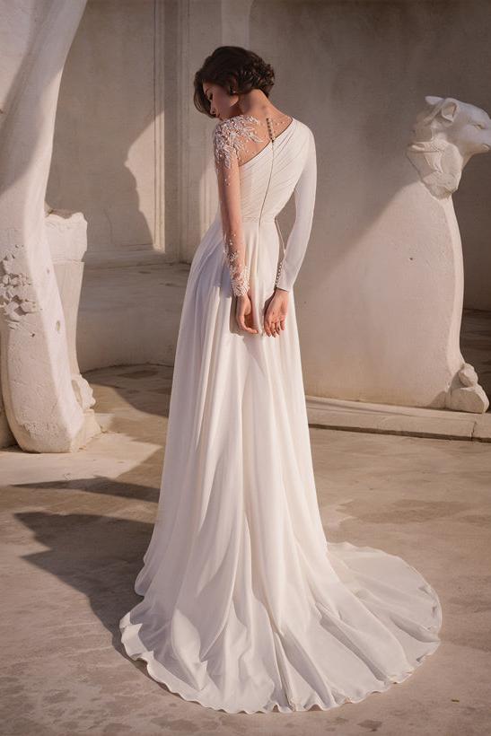 A-Line Scoop Neck Long Sleeves Sweep Train Beach Wedding Dresses With Front Split