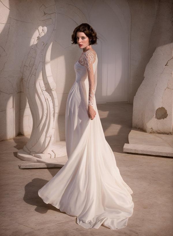 A-Line Scoop Neck Long Sleeves Sweep Train Beach Wedding Dresses With Front Split
