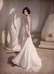 A-Line Scoop Neck Long Sleeves Sweep Train Beach Wedding Dresses With Front Split