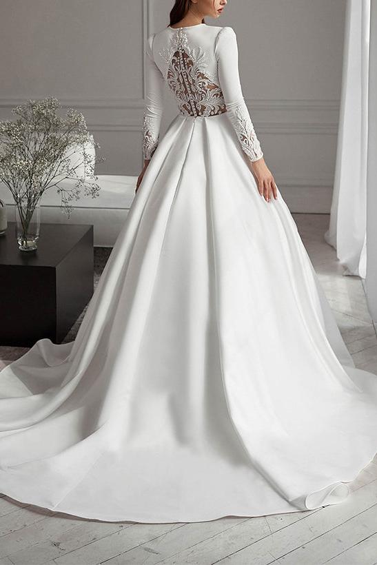 A-Line Scoop Neck Long Sleeves Sweep Train Satin Wedding Dresses