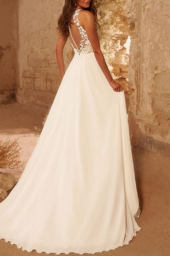 A-Line Scoop Neck Sleeveless Lace Wedding Dresses With Appliques Lace