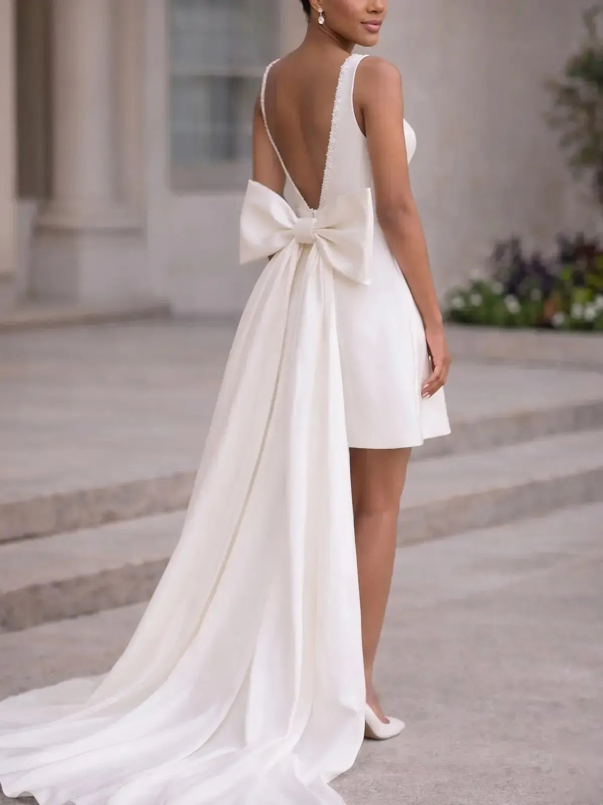 A Line Scoop Neck Sleeveless Short Mini Detachable Matte Satin Wedding Dress with Bow