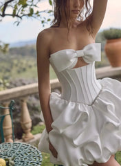 A Line Sleeveless Short Mini Matte Satin Wedding Dress with Bow