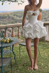 A Line Sleeveless Short Mini Matte Satin Wedding Dress with Bow