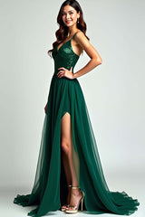 A Line Spaghetti Straps Dark Green Wedding Guest Dress Long Formal Dress With Slit
