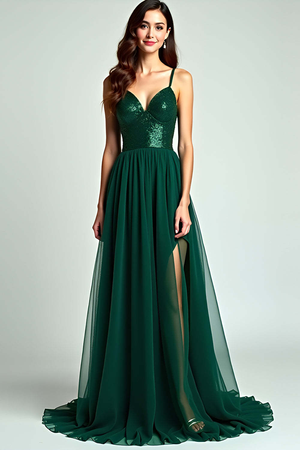 A Line Spaghetti Straps Dark Green Wedding Guest Dress Long Formal Dress With Slit