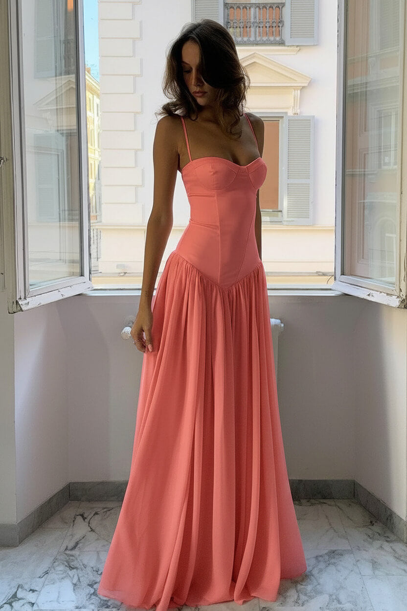A Line Spaghetti Straps Pink Corset Prom Dress With Ruffles Formal Evening Gown
